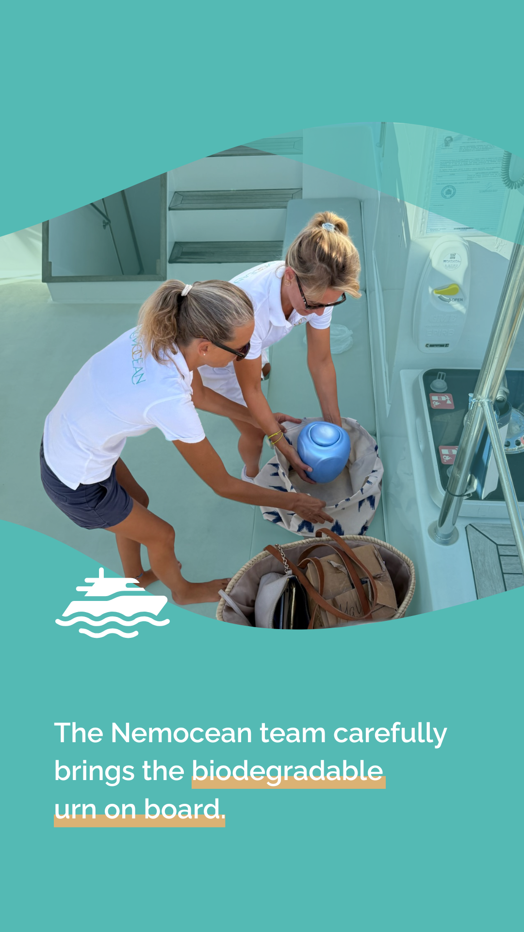 cover of the video: "The Nemocean team carefully brings the biodegradable urn on board."